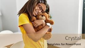  Presentation with teddy bear - PPT theme with african-american-girl-smiling-confident background and a coral colored foreground