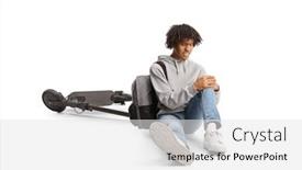  Presentation with electric scooter - Presentation design featuring african-american-guy-sitting background and a light gray colored foreground