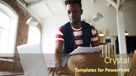  Presentation with networking - Audience pleasing PPT layouts consisting of african-american guy with papers sitting in front of laptop networking or analyzing online data backdrop and a tawny brown colored foreground