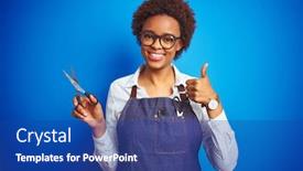  Presentation with fingers - Cool new PPT theme with african american hairdresser woman holding scissors over blue isolated background happy with big smile doing ok sign thumb up with fingers excellent sign backdrop and a ocean colored foreground
