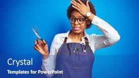  Presentation with shame - Theme with african american hairdresser woman holding scissors over blue isolated background stressed with hand on head shocked with shame and surprise face angry and frustrated fear and upset for mistake background and a ocean colored foreground