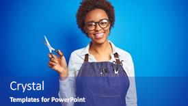  Presentation with teeth - Presentation featuring african american hairdresser woman holding scissors over blue isolated background with a happy face standing and smiling with a confident smile showing teeth background and a ocean colored foreground