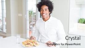  Presentation with eating - Presentation design enhanced with african american hungry man eating background and a sky blue colored foreground