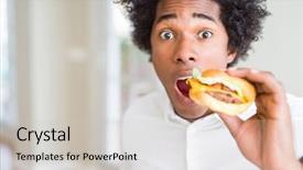  Presentation with african american - Amazing presentation design having african american hungry man eating backdrop and a soft green colored foreground