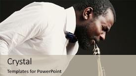  Presentation with jazz - Beautiful PPT layouts featuring african american jazz musician playing the saxophone on grey background backdrop and a mint green colored foreground