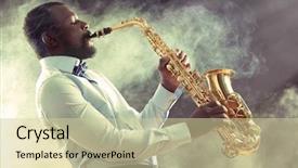  Presentation with american music - PPT layouts having african american jazz musician playing background and a soft green colored foreground