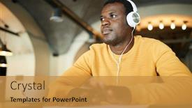  Presentation with yellow music - PPT theme with african-american lad in casual yellow pullover sitting by table and listening to music or lecture in headphones background and a gold colored foreground