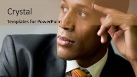  Presentation with new ideas - PPT layouts having african american leaders - pensive employee thinking of new background and a coral colored foreground