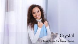  Presentation with beautiful young woman getting face - Beautiful presentation design featuring african american literature - beautiful young woman with cat backdrop and a light blue colored foreground