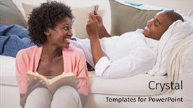  Presentation with reading labels - Theme consisting of african american literature - happy couple relaxing together reading background and a soft green colored foreground