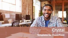  Presentation with meeting table - Colorful presentation design enhanced with african american male - portrait of designer sitting backdrop and a coral colored foreground