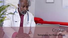  Presentation with hospital communication - Theme featuring african-american-male-doctor-sitting background and a violet colored foreground