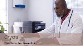  Presentation with hospital communication - PPT layouts consisting of african-american-male-doctor-sitting background and a coral colored foreground