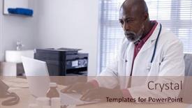  Presentation with healthcare communication - Presentation theme featuring african-american-male-doctor-sitting background and a coral colored foreground