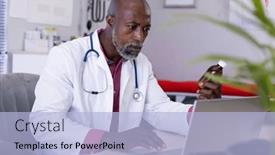  Presentation with hospital communication - PPT theme having african-american-male-doctor-sitting background and a light blue colored foreground