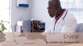  Presentation with healthcare communication - Presentation theme with african-american-male-doctor-sitting background and a coral colored foreground