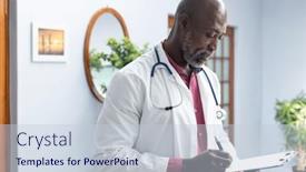  Presentation with taking notes - Presentation theme with african-american-male-doctor-wearing background and a  colored foreground