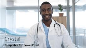  Presentation with hospital-communication - Slides with african-american-male-doctor-wearing and a light blue colored foreground