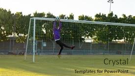  Presentation with soccer net - Slides enhanced with african-american-male-goalkeeper background and a yellow colored foreground