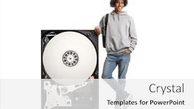  Presentation with hard disk - PPT theme featuring african-american-male-student-leaning background and a white colored foreground