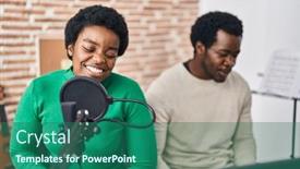  Presentation with piano keyboard - PPT theme having african-american-man-and-woman background and a ocean colored foreground