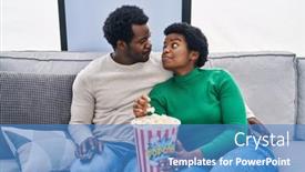  Presentation with popcorn movie - PPT theme with african-american-man-and-woman background and a teal colored foreground
