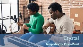  Presentation with tambourine - Slide set enhanced with african-american-man-and-woman background and a ocean colored foreground