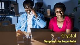  Presentation with office workers - PPT theme consisting of african-american-man-and-woman background and a tawny brown colored foreground