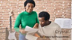  Presentation with american music - Presentation theme having african-american-man-and-woman background and a coral colored foreground