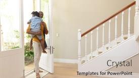  Presentation with man door - Audience pleasing presentation design consisting of african-american-man-arriving-home backdrop and a soft green colored foreground