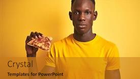  Presentation with generational african american culture and food - Cool new presentation design with african american man eating slice of pizza standing over isolated yellow background with a confident expression on smart face thinking serious backdrop and a gold colored foreground