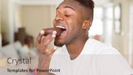  Presentation with generational african american culture - Colorful presentation design enhanced with african american man eating and enjoying a sweet chocolate donut backdrop and a coral colored foreground