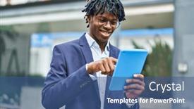  Presentation with executive - PPT theme having african-american-man-executive-smiling background and a ocean colored foreground