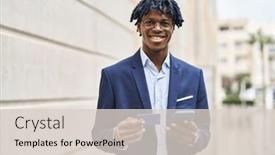  Presentation with executive - Presentation theme having african-american-man-executive-using background and a lemonade colored foreground