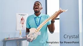  Presentation with spinal - Presentation theme featuring african-american-man-holding-anatomical background and a light blue colored foreground