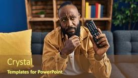  Presentation with television - Slide deck with african-american-man-holding-television background and a tawny brown colored foreground