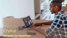  Presentation with chat - Slide set having african-american-man-in-glasses background and a coral colored foreground