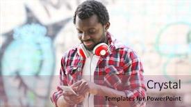  Presentation with american music - Theme having african american man listening music with headphones near graffiti wall outdoors background and a coral colored foreground