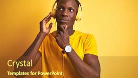  Presentation with yellow music - Colorful slide set enhanced with african american man listening to music using headphones over isolated yellow background serious face thinking about question very confused idea backdrop and a tawny brown colored foreground