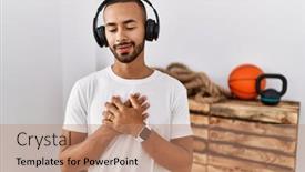  Presentation with american music - Slide deck featuring african-american-man-listening background and a coral colored foreground