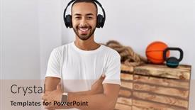  Presentation with person listening - Presentation theme featuring african-american-man-listening background and a coral colored foreground
