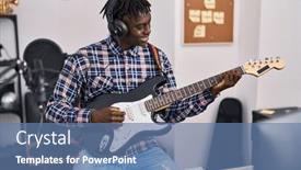  Presentation with american music - Presentation theme with african-american-man-musician-smiling background and a teal colored foreground