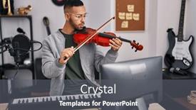  Presentation with american music - PPT layouts featuring african-american-man-musician-smiling background and a gray colored foreground