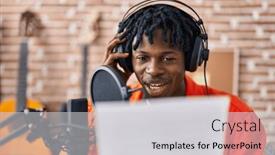  Presentation with music singing - Slide deck consisting of african-american-man-musincian-singing background and a light gray colored foreground