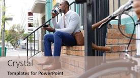  Presentation with standing sitting - Slide deck enhanced with african-american-man-out background and a coral colored foreground