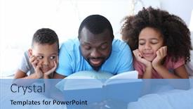  Presentation with bedtime story - Colorful presentation enhanced with african american man reading bedtime story to his children on bed backdrop and a light blue colored foreground