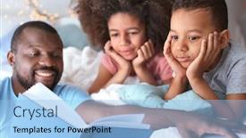  Presentation with bedtime story - Amazing slide set having african american man reading bedtime story to his children at home backdrop and a light blue colored foreground