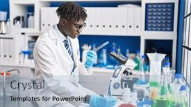  Presentation with scientist - PPT theme featuring african-american-man-scientist-talking background and a  colored foreground