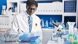  Presentation with report - Slides featuring african-american-man-scientist-writing background and a light blue colored foreground