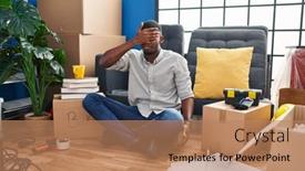  Presentation with new home - Presentation design having african-american-man-sitting background and a coral colored foreground